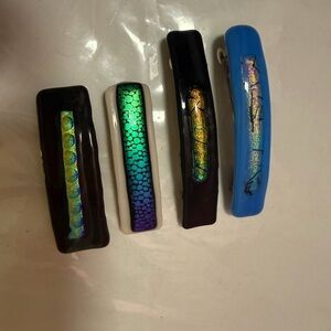 4 Colorful Hair Clips Set handmade fused dichroic glass hair barrettes.